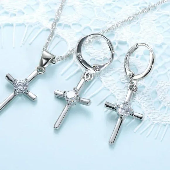 Cross Necklace Earrings 925 Sterling Silver Bundle Set - Picture 4 of 8